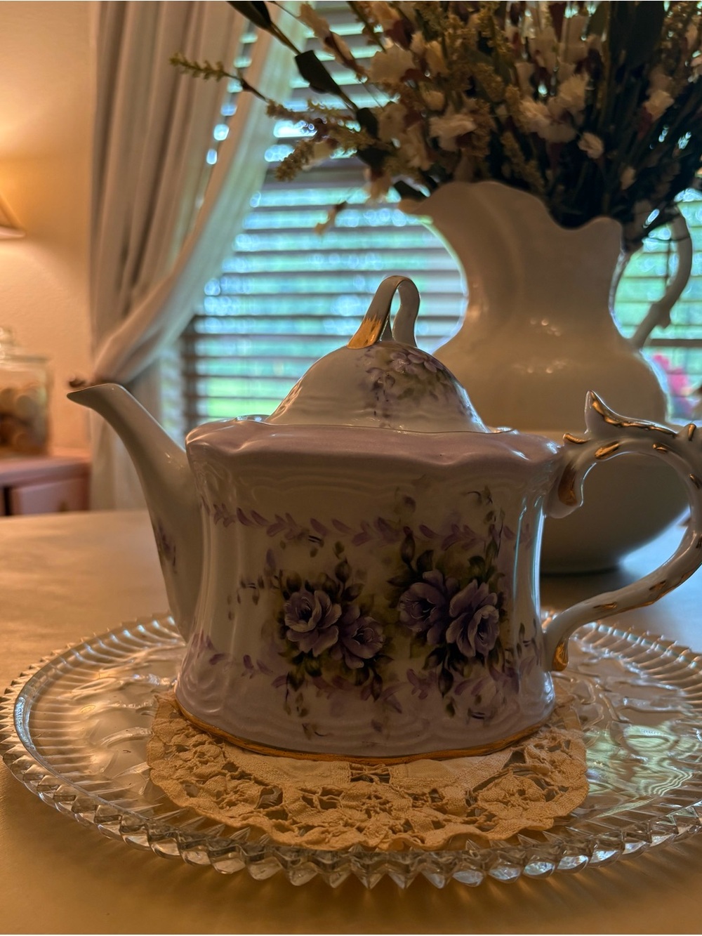 Porcelain Floral Teapot with Gold Trim - Purple Rose Motif Music box